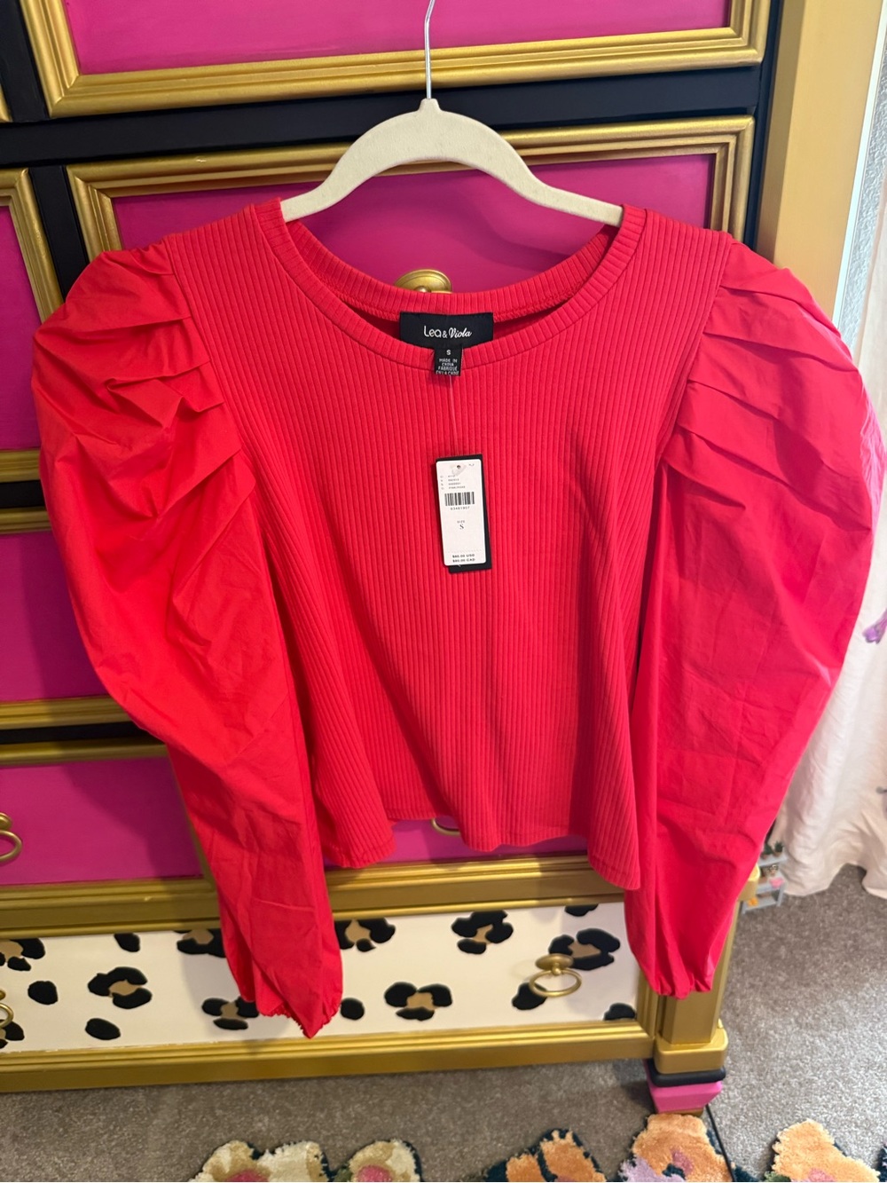 Lea & Viola Bright Red Puff-Sleeve Ribbed Top Anthropologie